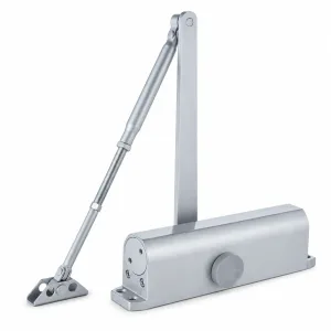 TT-082 silver hydraulic door closer with articulated adjustable arm on a white background
