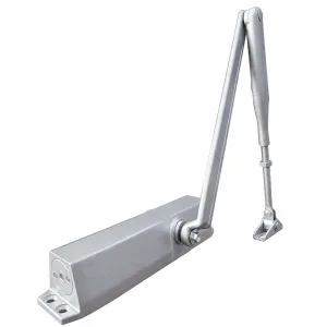 TT-083 silver hydraulic door closer with triangular articulated arm on a white background