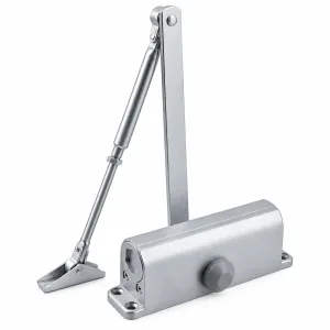 TT-152 silver hydraulic door closer with articulated arm on a white background