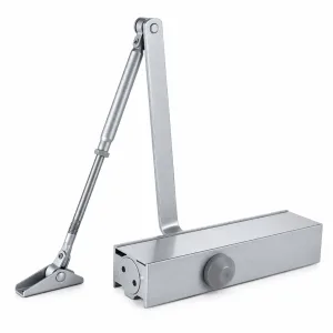 TT-1601 silver hydraulic door closer with articulated arm on a white background