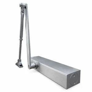 TT-1604 silver hydraulic door closer with arm on a white background