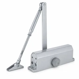TT-165F silver hydraulic door closer with articulated arm on a white background