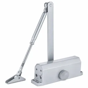 TT-165FBC silver hydraulic door closer with articulated arm on a white background