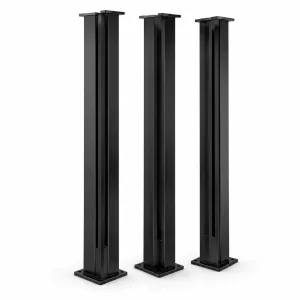 Three black U-shaped slotted glass railing posts on a white background