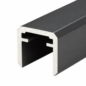 20 × 20 mm aluminum glass-slot handrail with dark gray finish and silver profile cross-section on a white background
