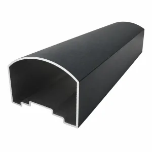 72 × 52 mm arched aluminum glass handrail showing curved top and stepped lower profile on a white background