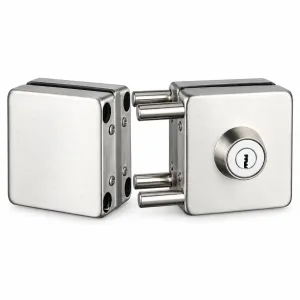 601 Square Double-Door Two-Way Glass Door Lock in stainless steel on a white background