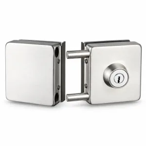 603 Square Double-Door One-Way Glass Door Lock in stainless steel on a white background