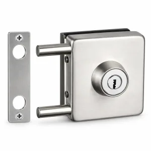 604 Square Single-Door One-Way Glass Door Lock in stainless steel on a white background