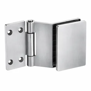 A-111 silver glass-to-wall hinge with four mounting holes and a smooth rectangular glass clamp on a white background