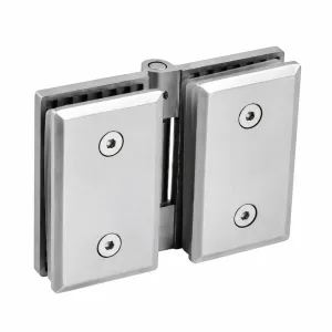 A-112 silver glass-to-glass hinge with two screw-fastened rectangular clamps and a central hinge on a white background