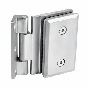 A-113 silver glass-to-wall hinge with a narrow mounting flange and two screw heads on the rectangular glass clamp on a white background