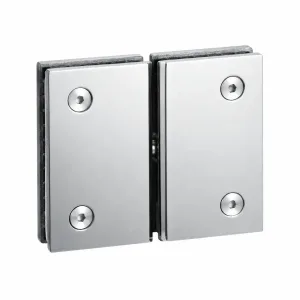 A-114 silver glass-to-glass hinge with two flat rectangular clamps and four screw heads on a white background