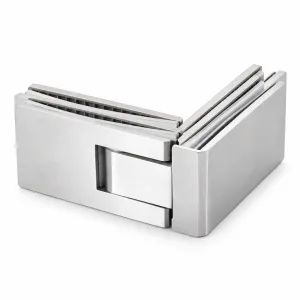 A-140B silver corner glass hinge with two perpendicular smooth rectangular clamps on a white background