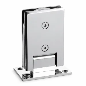 A-141 silver floor pivot glass hinge with two recessed screw heads and a horizontal mounting base on a white background