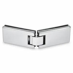 A-142 silver corner glass hinge with two angled smooth rectangular clamps and a curved central bridge on a white background