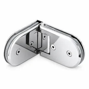 A-147 Semicircular Corner Glass Hinge in polished silver on a white background