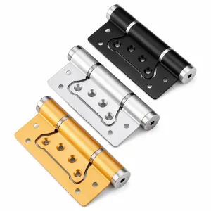 5-inch self-closing hydraulic door hinges in black, silver and gold on a white background