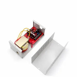 S180 12V 5A access control power supply with open enclosure and lid on a white background