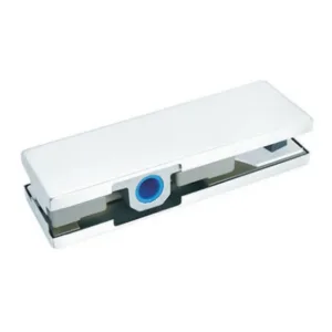 T-020 rectangular glass door patch fitting with circular blue pivot socket on a white background