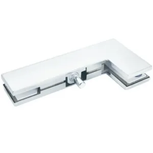 T-040 L-shaped glass door patch fitting with projecting metal pivot pin on a white background