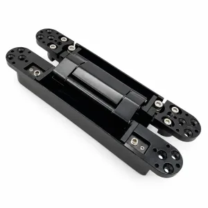 TT-04 black 3D adjustable concealed door hinge on a white background