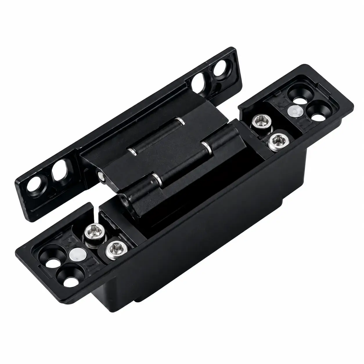 TT-08 black 3D adjustable concealed door hinge on a white background