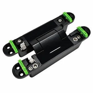TT-0B 117 black hydraulic concealed hinge with green adjustment clips on a white background
