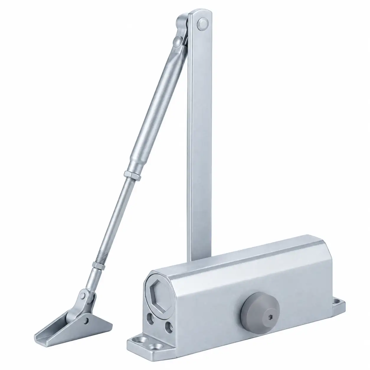 TT-061KF silver hydraulic door closer with adjustable arm on a white background