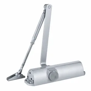 TT-063 silver hydraulic door closer with adjustable arm on a white background